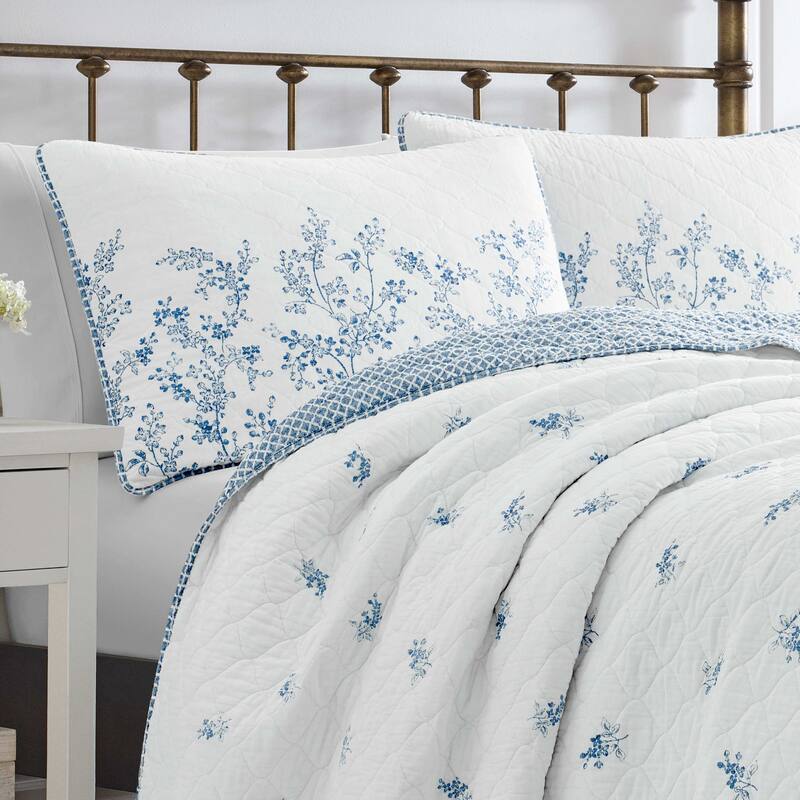 Laura Ashley Flora Cotton Reversible Blue Quilt Set On Sale Bed