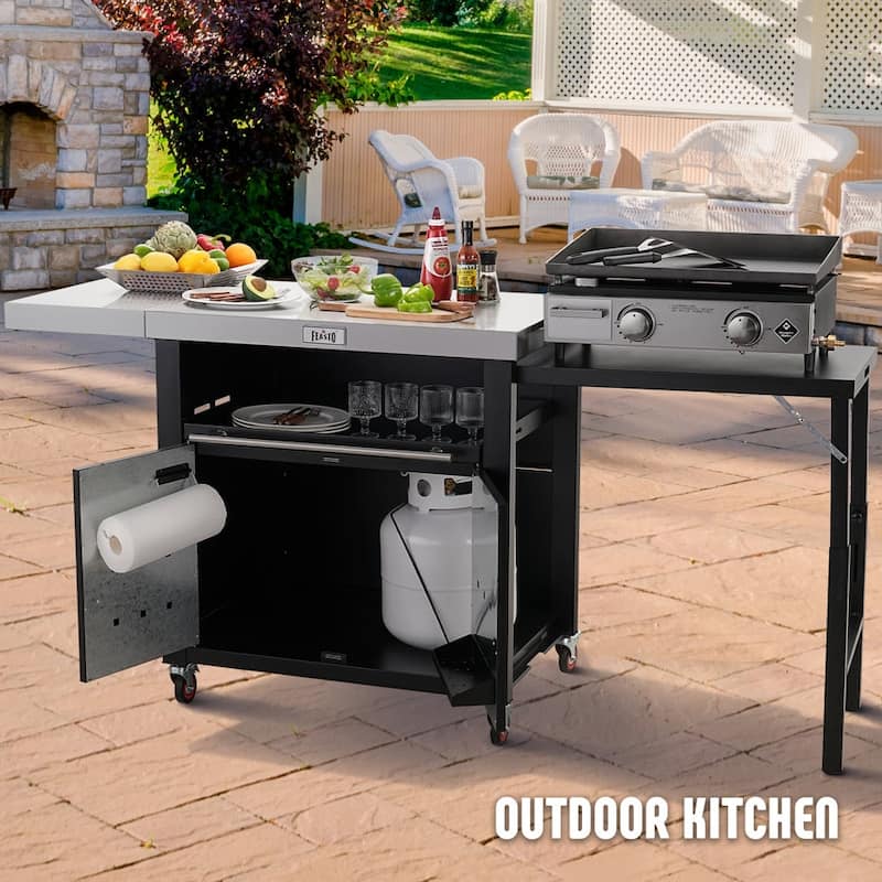 Feasto Grill Table, Outdoor Kitchen Island With 2 Foldable Side Tables, Stainless Steel Top For Outdoor Kitchen Cabinets
