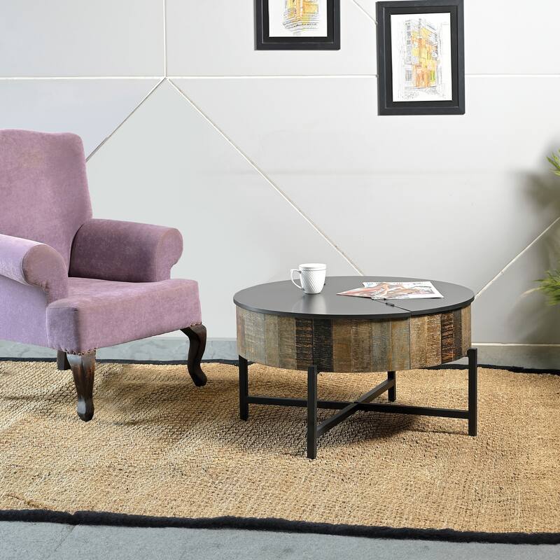 Rustic Vintage Style Wooden Coffee Table with Metal Base