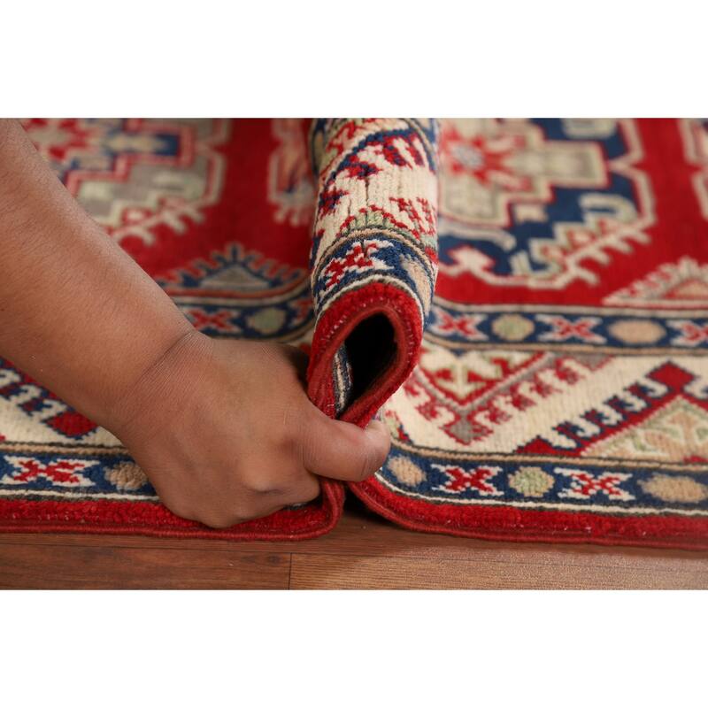 Red Geometric Kazak Oriental Runner Rug Hand-Knotted Wool Carpet - 2'8" x 9'4"