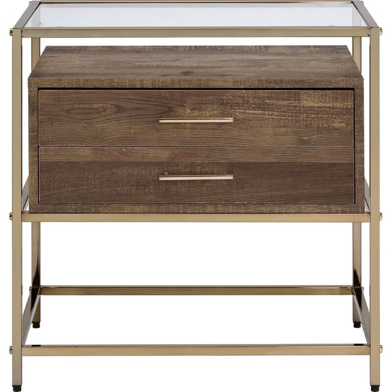 24 in. Gold Rectangle Glass End Table with Storage Drawer for Convenience