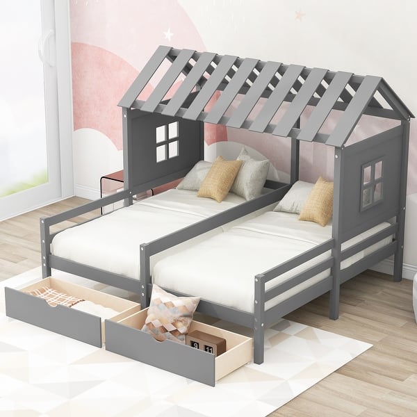 slide 2 of 9, Gray Twin Size House Platform Beds with Two Drawers, Combination of 2 Side By Side Twin Size Beds Gray