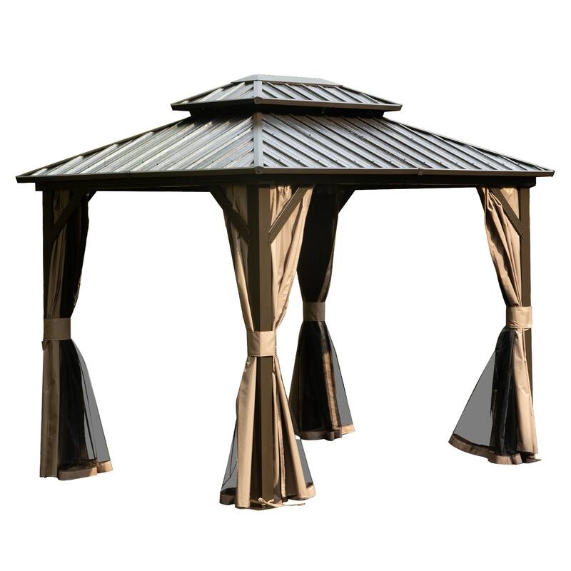 8' x 10' Permanent Metal Gazebo with Double Roof, Curtains, and Netting for Outdoor Gatherings - Brown
