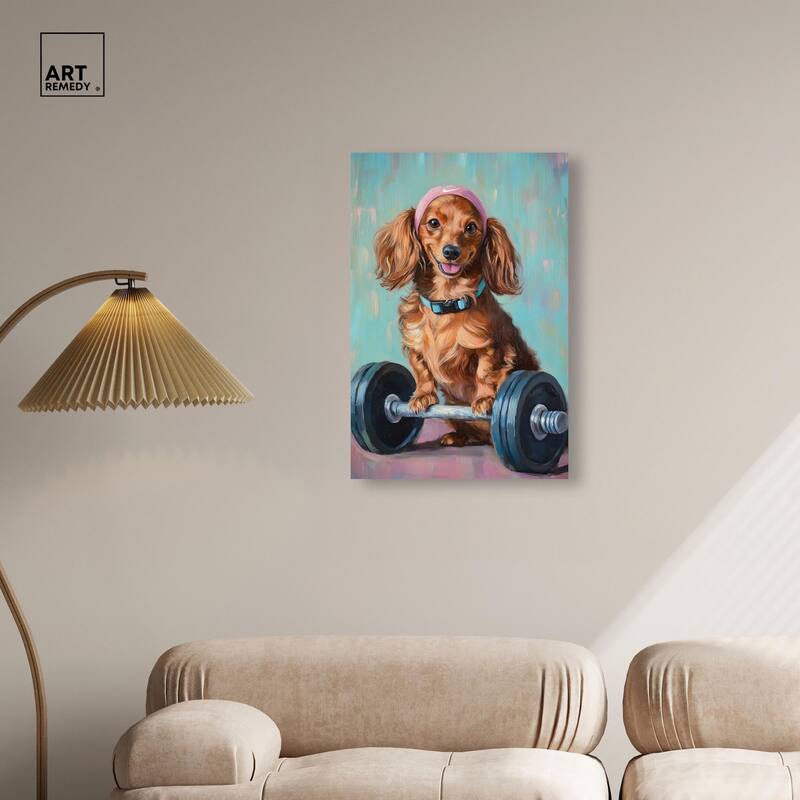 Cute Doxxie Work Out Canvas by Art Remedy, Gallery Wrapped