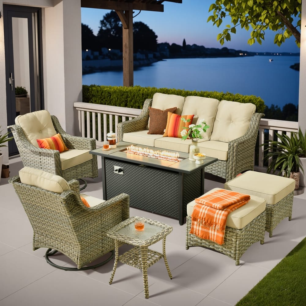 ​​OVIOS 7 Pieces Outdoor Wicker Swivel Chair Set with 54" Fire Table​