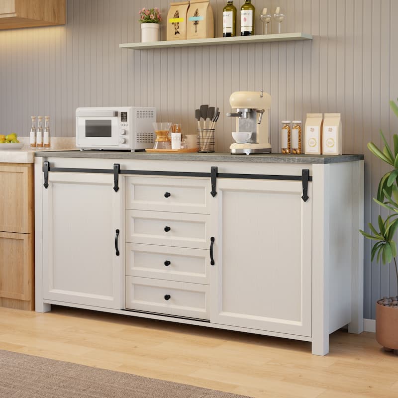 Farmhouse Sideboard Buffet Cabinet with Storage,Coffee Bar Cabinet with 4 Drawers and Sliding Barn Doors - Grey