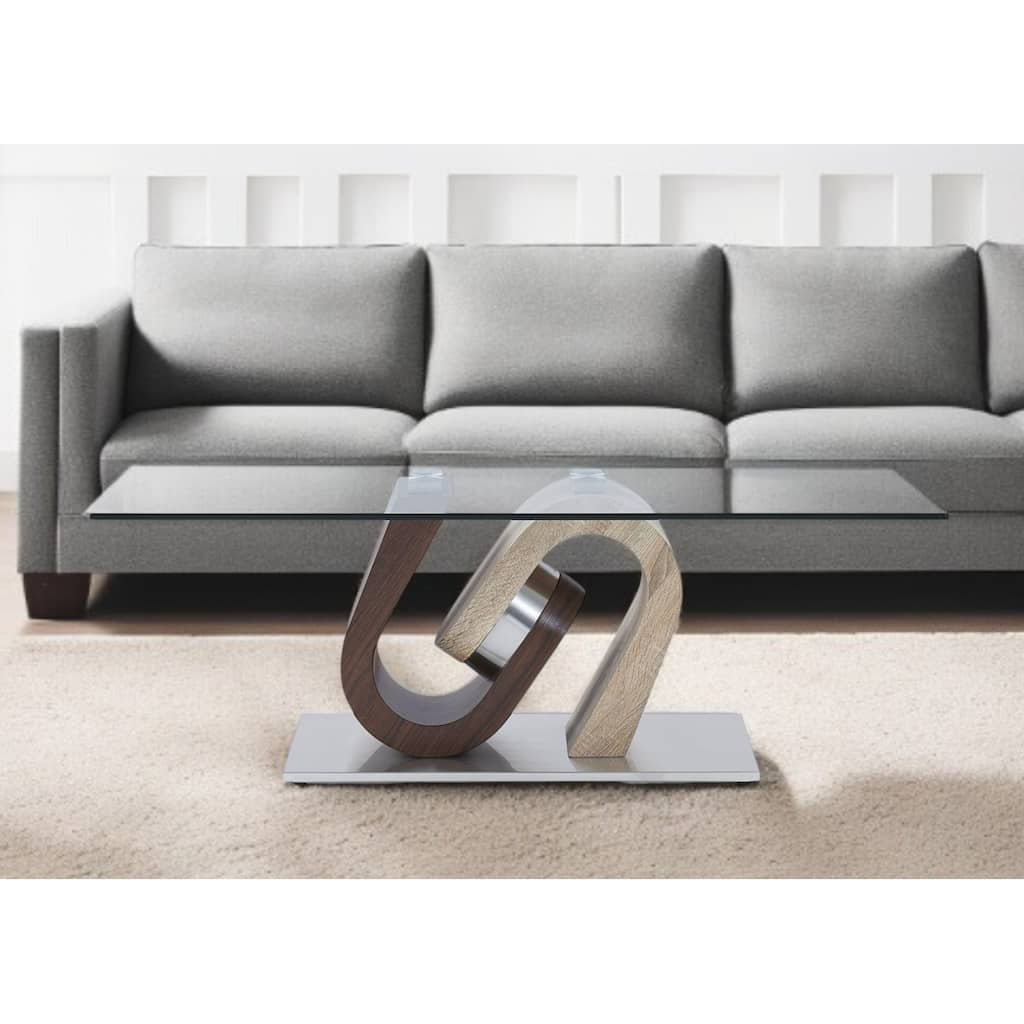 HomeRoots 47" Clear And Oak Glass Coffee Table