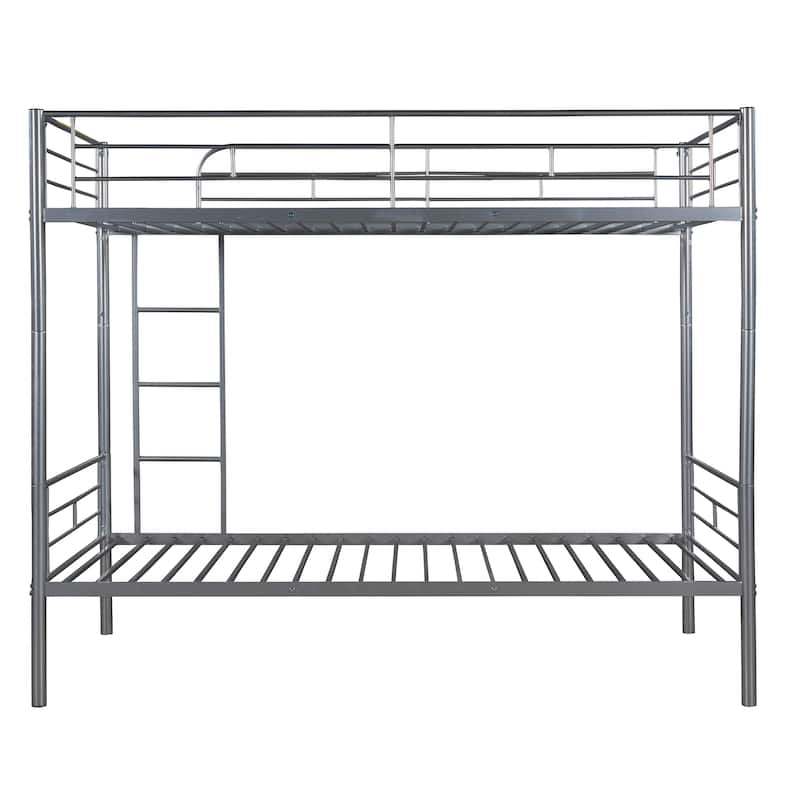 Silver Twin over Twin Metal Bunk Bed with Fence & Ladder
