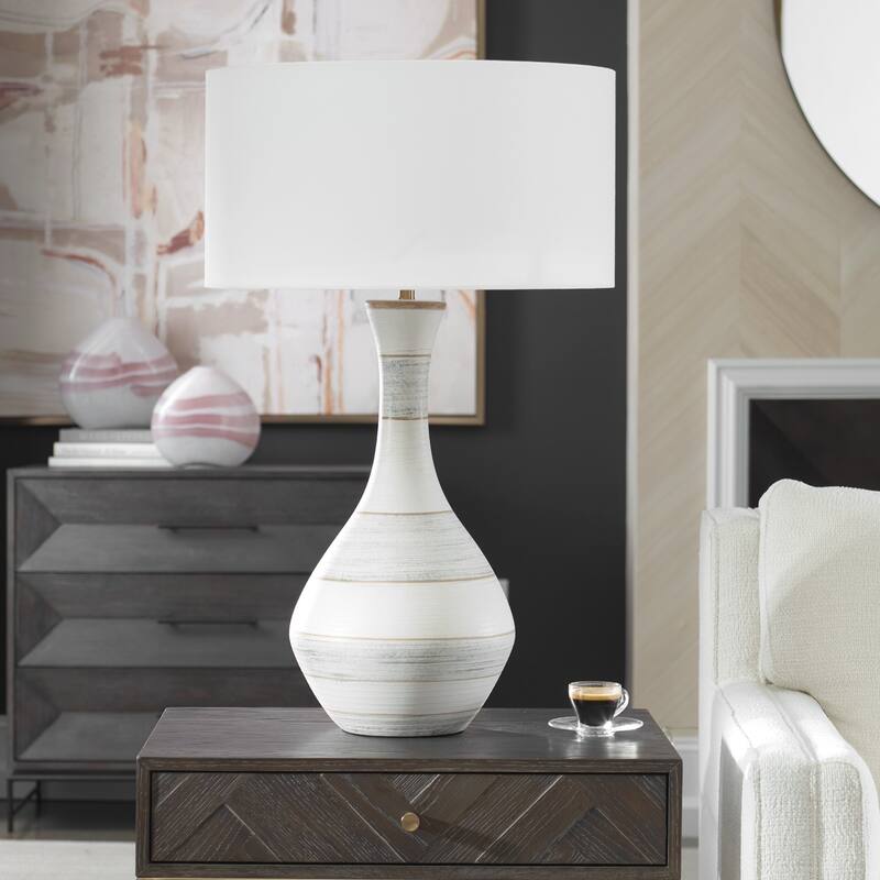 Ceramic Striped Table Lamp with Drum Shade - 32.5" - Cream and Blue