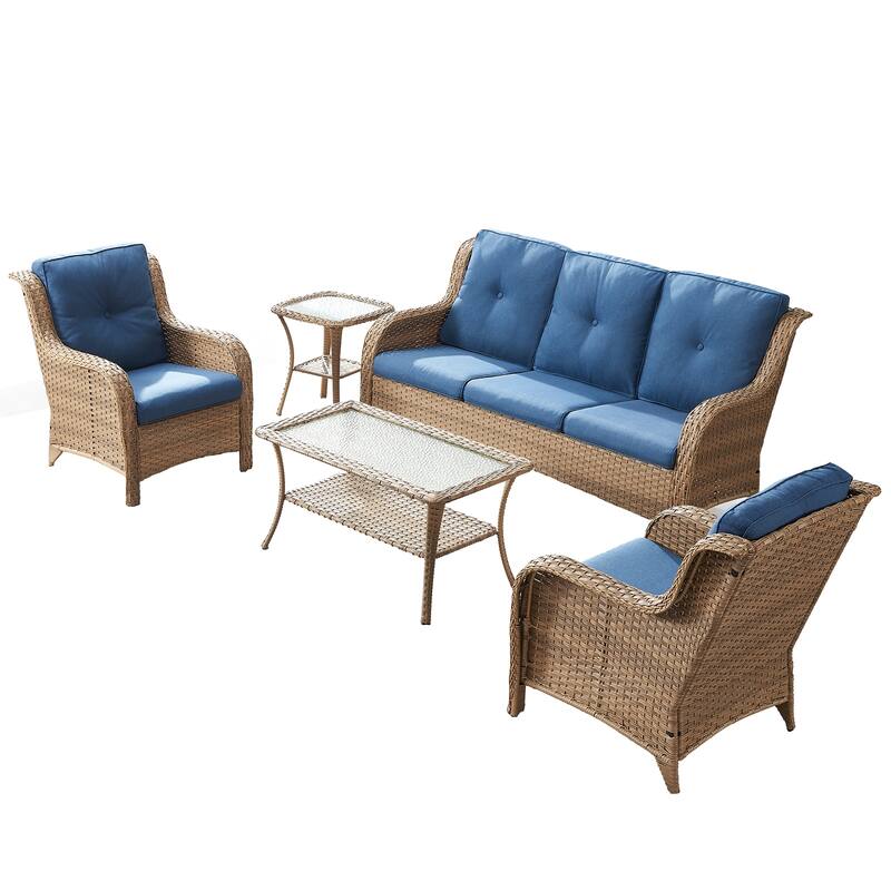 Pocassy 5 Pieces Outdoor Patio 3-Seat Sofa Chairs with Coffee Table