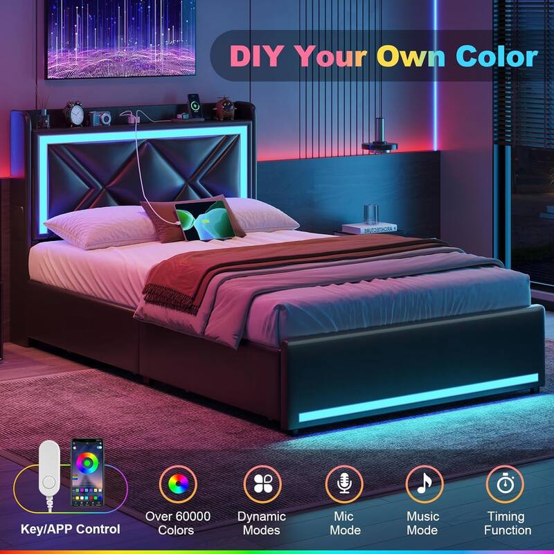 Bed Frame LED Lights Headboard & USB-C/A Charging Station 4 Drawers