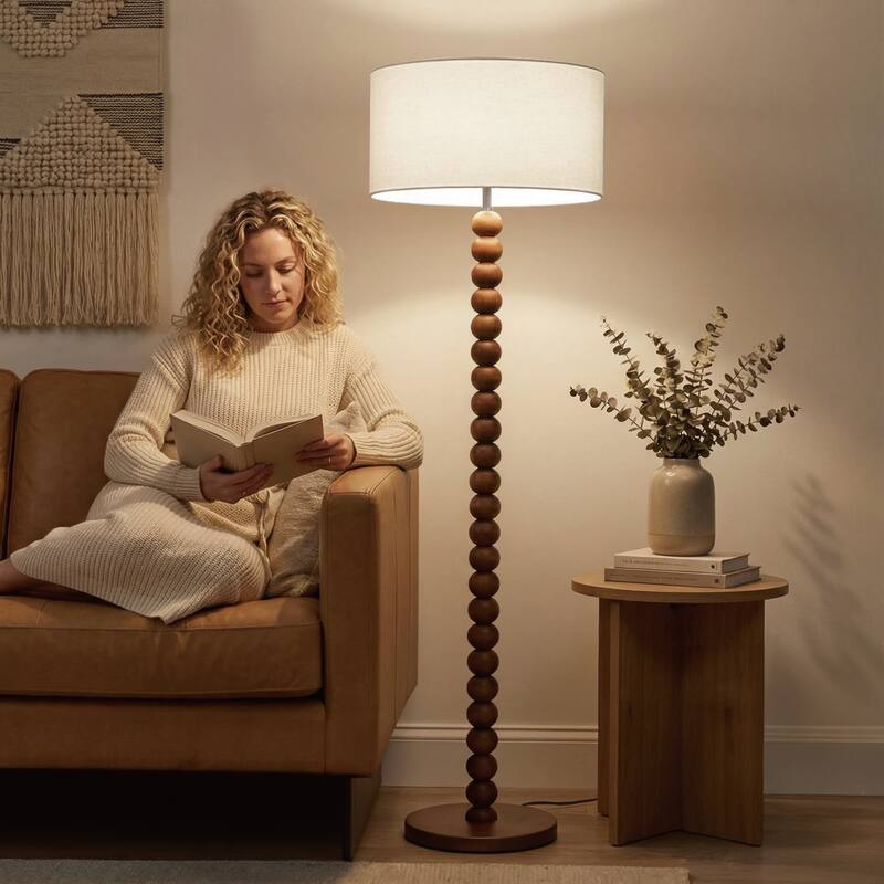 61" Wooden Beaded Floor Lamp, Retro Walnut Finish Standing Lamp with Linen Shade, Rubberwood Base for Living Room, Bedroom