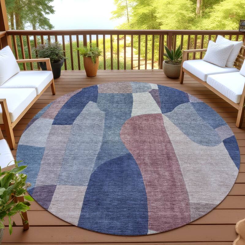 Machine Washable Indoor/ Outdoor Contemporary Layers Chantille Rug - Blue - 8' x 8'