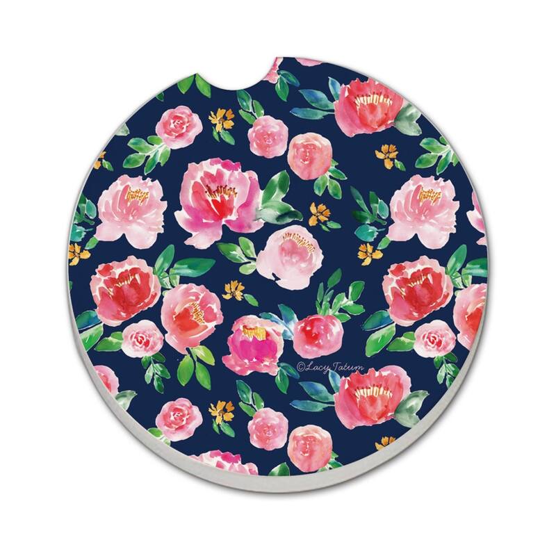 Spring Garden Floral 2 Pack Absorbent Stone Coaster for Vehicle Cup Holder 2.6” Diameter Manufactured in The USA - Multi