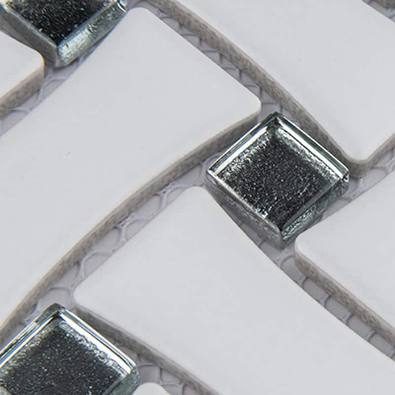 Merola Tile Metro Dog Bone Basketweave Matte White with Glass Silver Dot 10" x 10" Porcelain Mosaic Wall Tile
