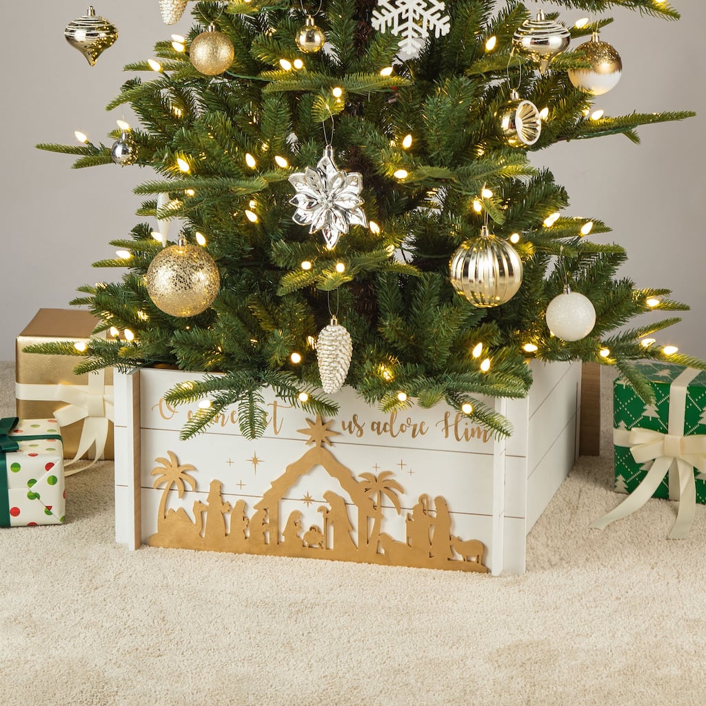 Glitzhome 24"L Wooden 3D Nativity Scene Christmas Tree Collar