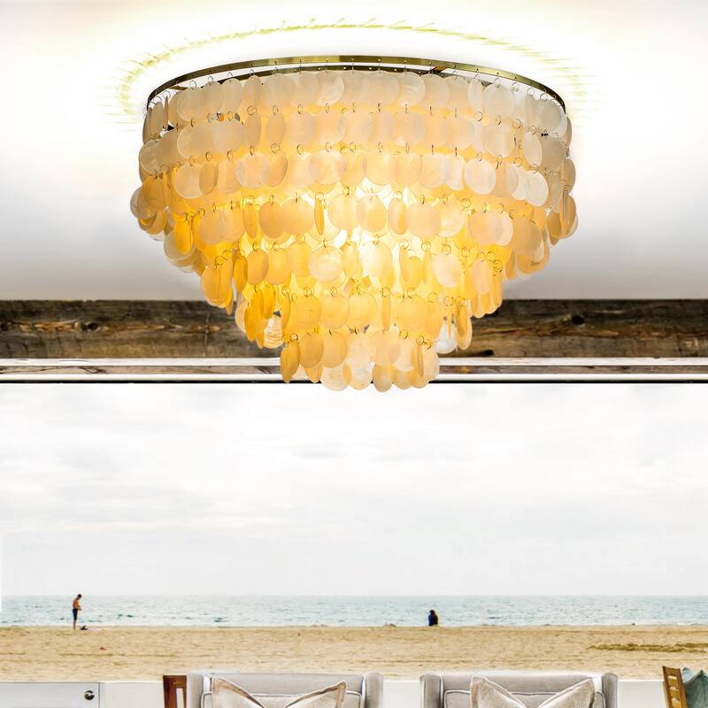 3-Light Tiered Antique Bronze Capiz Flush Mount Light with Shell Accents
