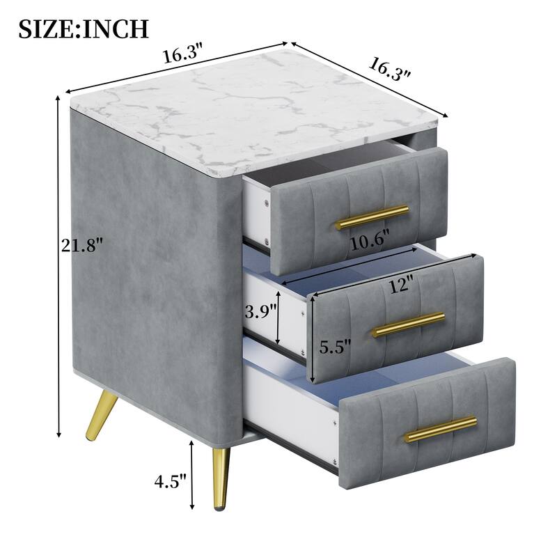 Upholstered Wooden Nightstand with 3 Drawers and Metal Legs&Handles
