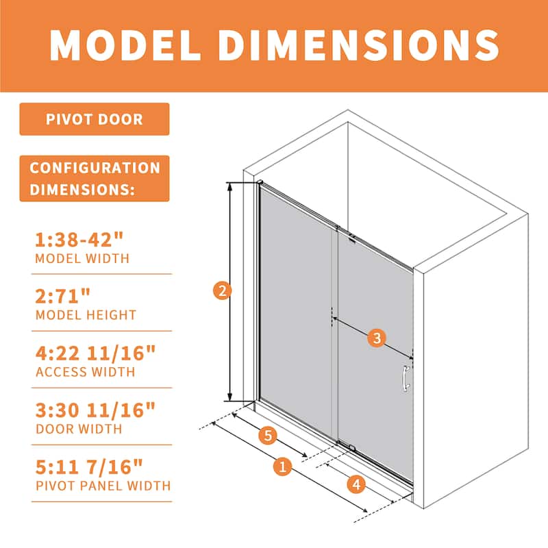 Modland 38-42"x71'' Adjustable Pivot Shower Door - Auto-Lift Hinge, Magnetic Seal, 5 Finishes for Uneven Walls - 42''x 71''