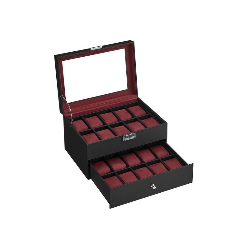 Classic Watch Storage Box with Two Layers and Multiple Compartments and Soft Velvet Cushioning - 20- slot - Red
