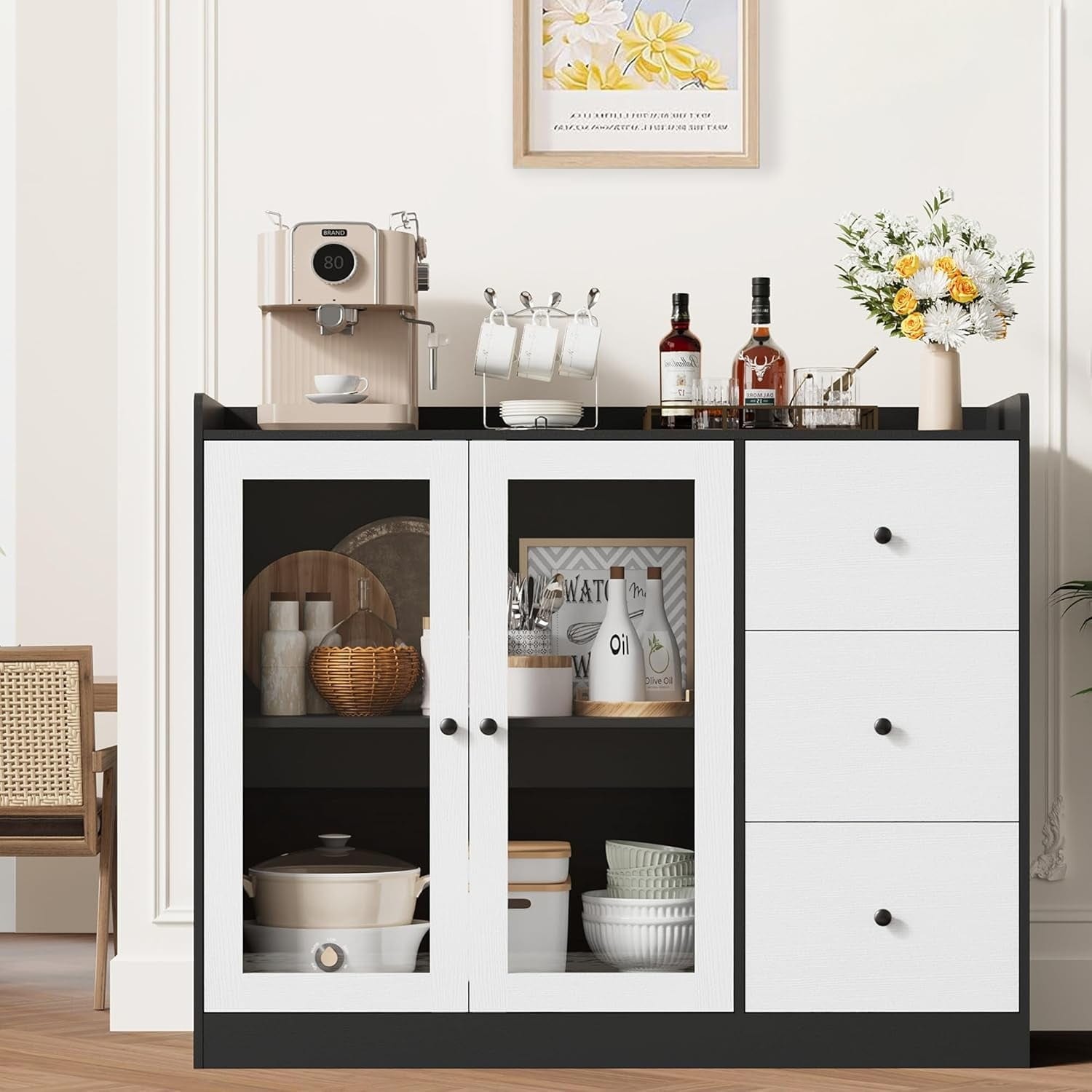 43-Inch Black/White Coffee Bar with Glass Doors & Drawers