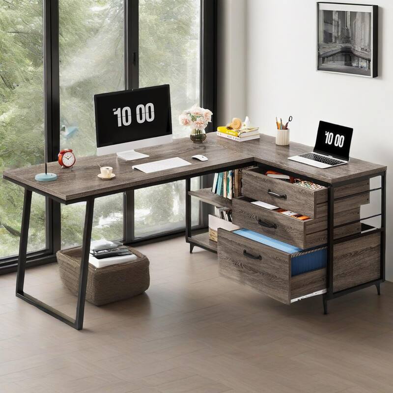 Reversible L Shaped Computer Desk with Drawers and Storage Shelves Gray Wood Finish Sturdy Home Office Workstation