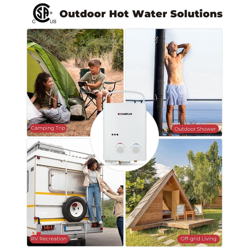 CAMPLUX 1.32 GPM 34,000 BTU Outdoor Portable Propane Tankless Water Heater, White