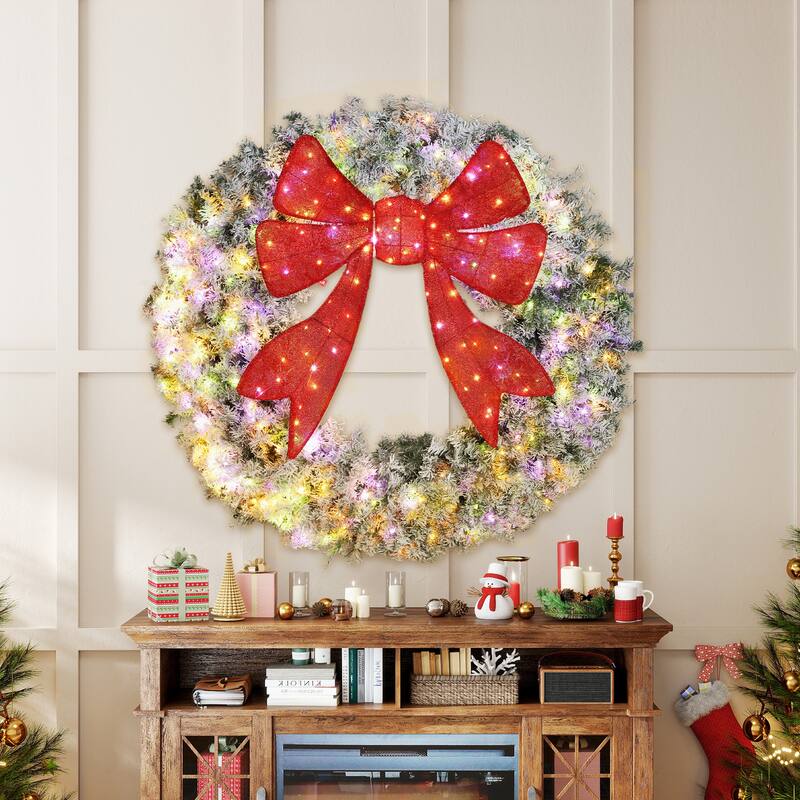 HOMCOM 60in Pre-Lit Flocked Wreath: 300 LED, 11 Modes, Remote, 3D Bow, 996 Tips, Indoor/Outdoor