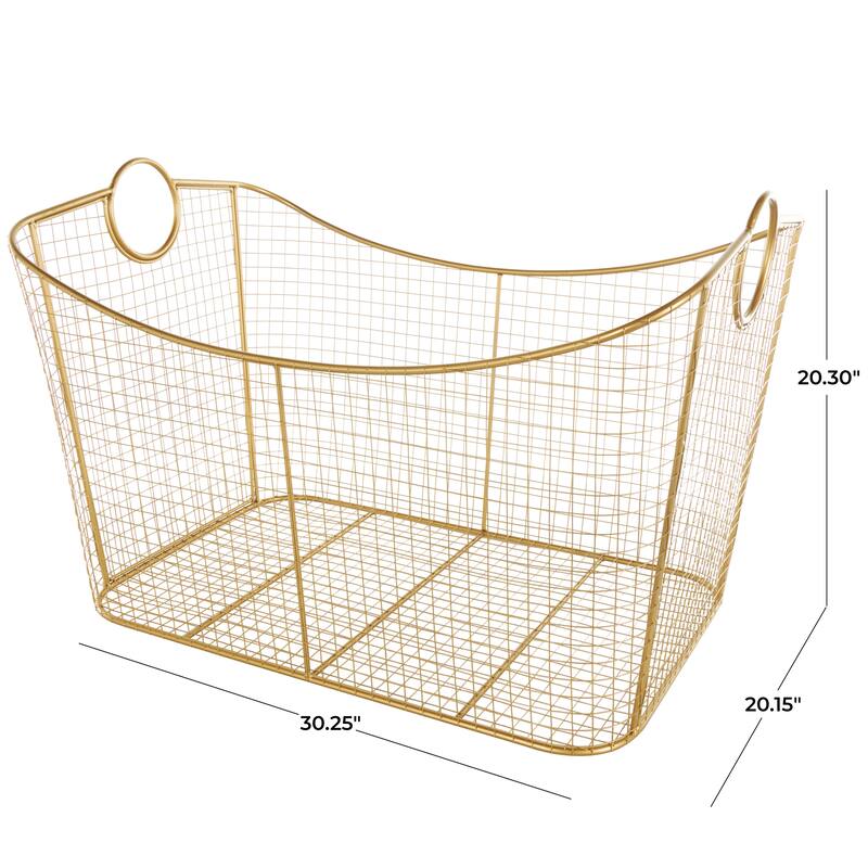 Gold Metal Wire Grid Storage Basket with Curved Edges Ring Handles