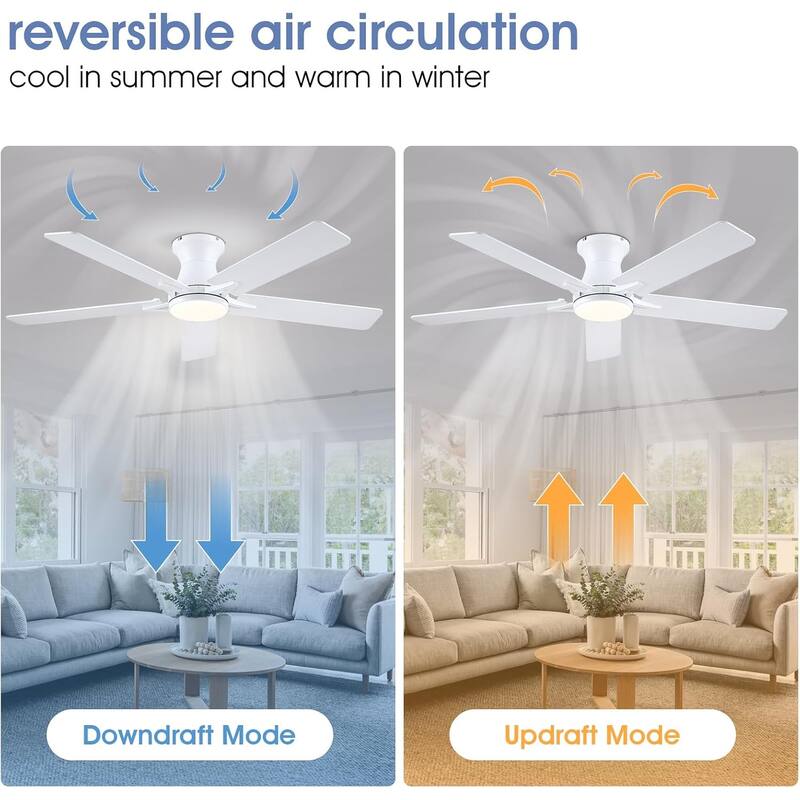 52 Inches Flush Mount Modern Quiet Ceiling Fan with Light and Remote APP Control 5 Dual Side Blades for Living Room Bedroom