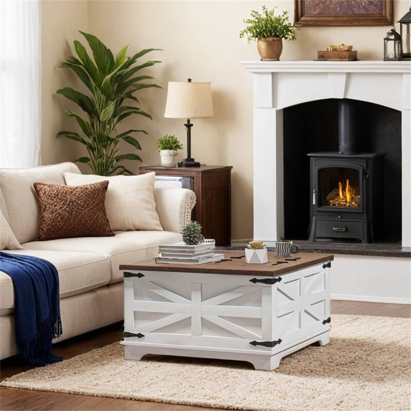 Coffee Table with Flip Top Hidden Storage,Square Center Table White