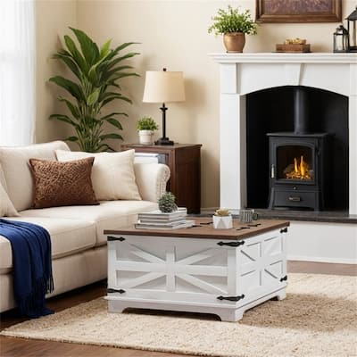 Coffee Table with Flip Top Hidden Storage,Square Center Table White