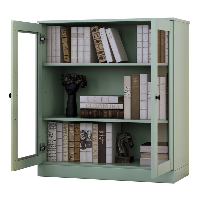 Palace Imports 100% Solid Wood 3-Shelf Bookcase, Clear Glass Doors, Adjustable Shelves, 32" Wide, 35.75" Tall