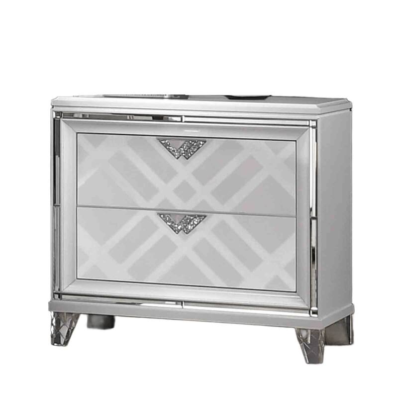 Contemporary Nightstand with USB Port & Hidden Jewelry Drawer - White Finish, Acrylic Legs