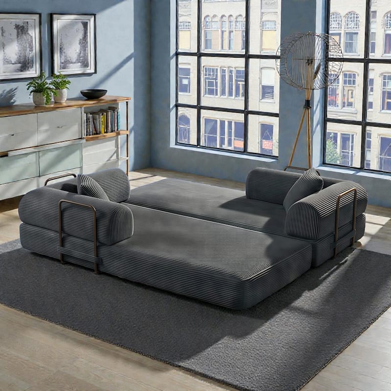 Compression Sofa Bed Convertible Floor Futon Couch, 2 Seat Boneless Modular Loveseat with Corduroy Fabric