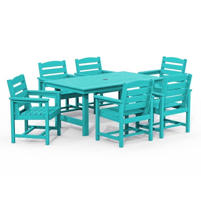 7-Piece HDPE Outdoor Dining Table Sets with Umbrella Hole - 1-Table 6-Chairs - Tiffany Blue