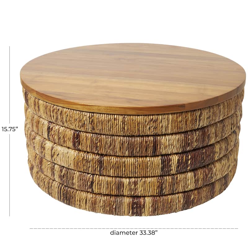 Seagrass Handmade Linear Wrapped Side End Accent or Coffee Table with Teak Wood Top - Brown - Roche River Décor