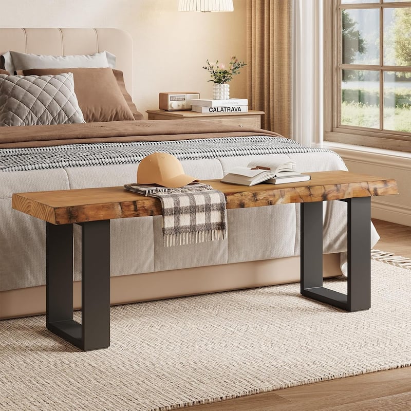 47" Solid Wood Entryway Bench with Metal Legs for Bedroom Living Room Small Space