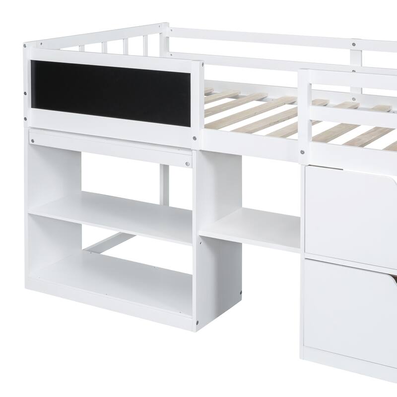 Twin Size Low Loft Bed with Rolling Desk, Shelves, and Drawers - Space Saving Design