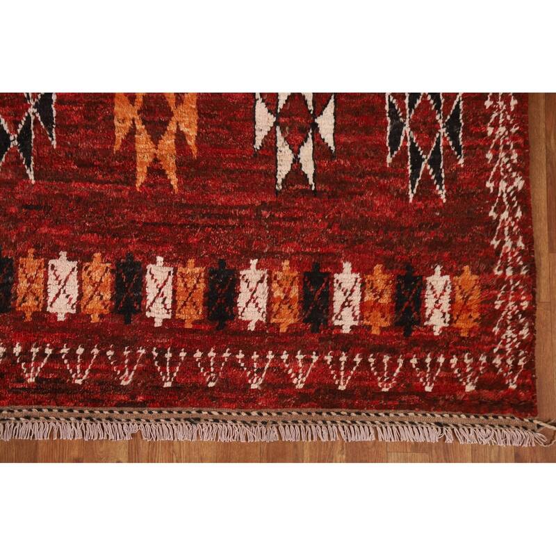 Hand Knotted Oriental 100% Wool Carpet Modern Tribal Red Moroccan Area Rug - 9' 9'' X 6' 9''