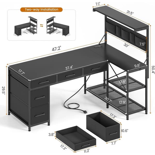 dimension image slide 3 of 10, L Shaped Computer Desk 5 fabric Drawers Gaming Desk Storage Shelf