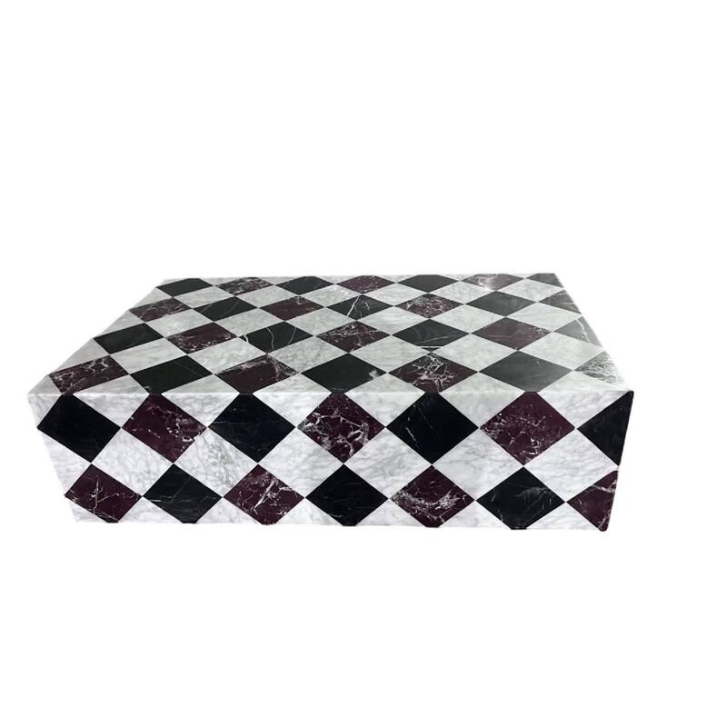 BETACH Genuine Marble Block Coffee Table - Nero Black / Carrara / Rosso Levanto Marble - Marble