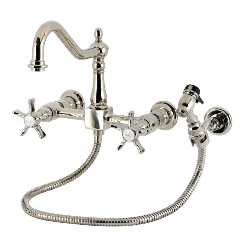 Kingston Brass Essex Double-Handle Wall-Mount Pre-Rinse Bridge Kitchen Faucet - Polished Nickel