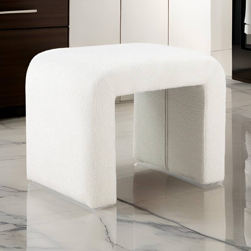Jea 24 Inch Accent Stool, Soft Cushioned Seat, White Boucle, Panel Legs
