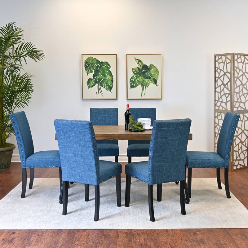 Dining Room Furniture Set for 6, Modern 7 Piece Wooden Hairpin Kitchen Table with 6 Nailhead Upholstery Chairs, for Restaurant - Brown+Blue
