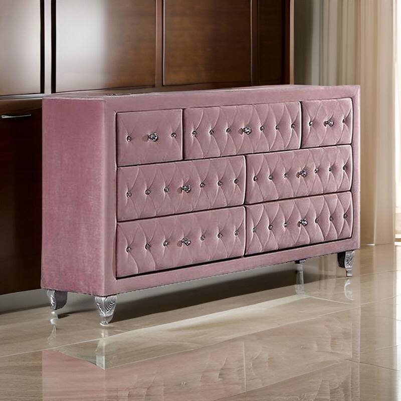 Zoha 59 Inch Wide Dresser Chest, 7 Drawer, Solid Wood, Pink Upholstery