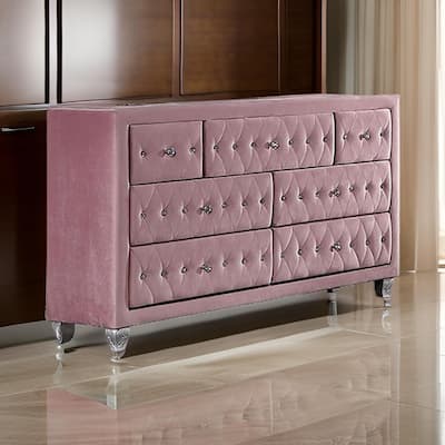 Zoha 59 Inch Wide Dresser Chest, 7 Drawer, Solid Wood, Pink Upholstery