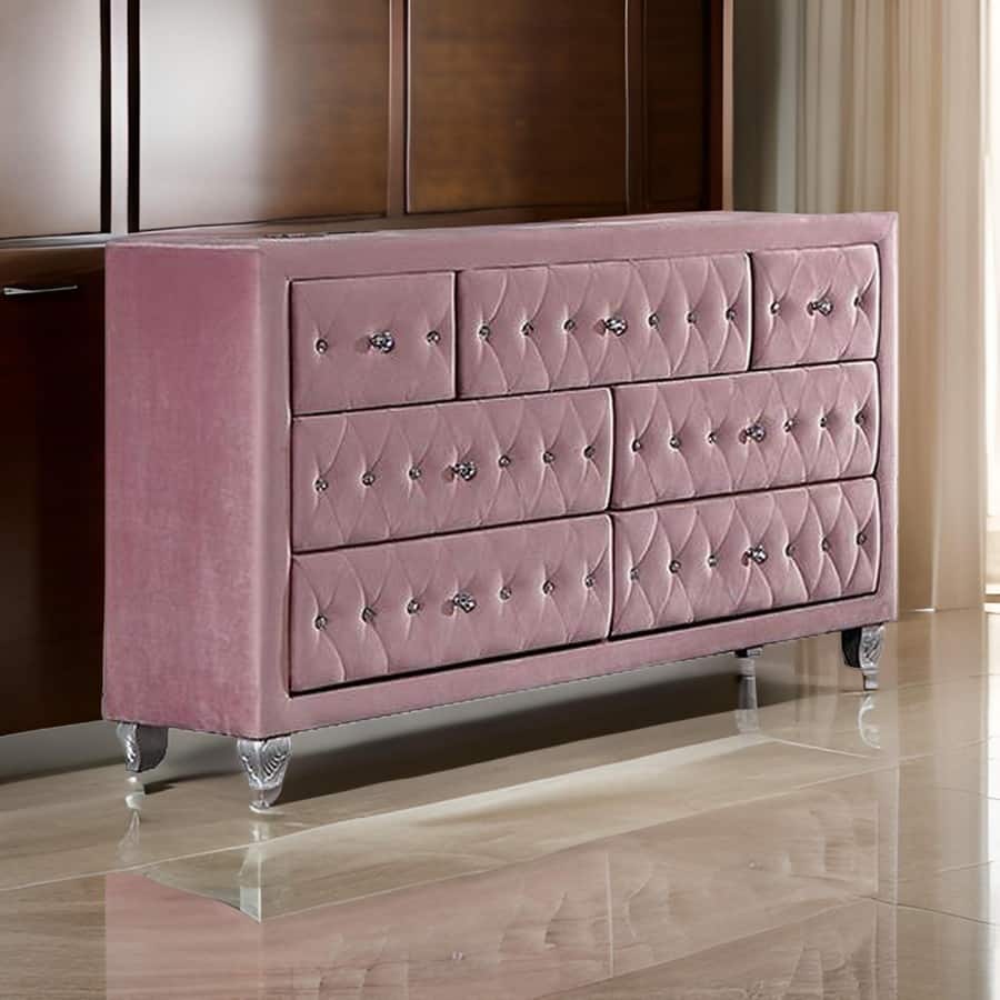 Zoha 59 Inch Wide Dresser Chest, 7 Drawer, Solid Wood, Pink Upholstery