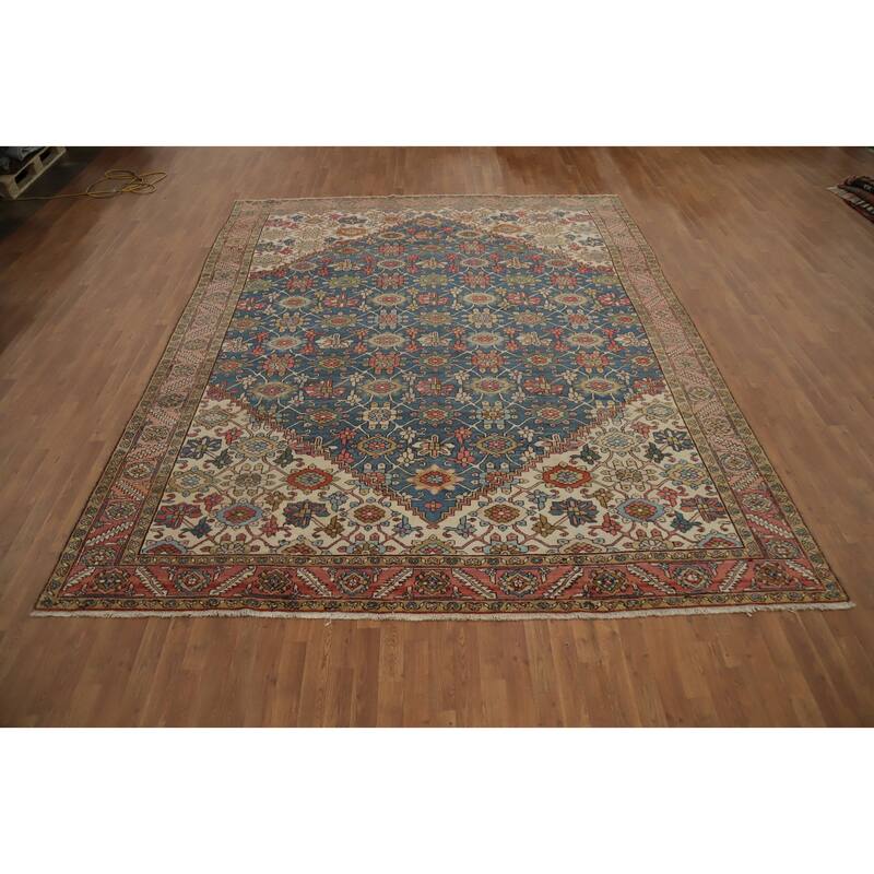 Hand Knotted Oriental 100% Wool Carpet Traditional Floral Navy Blue & Blues Heriz (serapi) Area Rug - 12' 3'' X 9' 9''