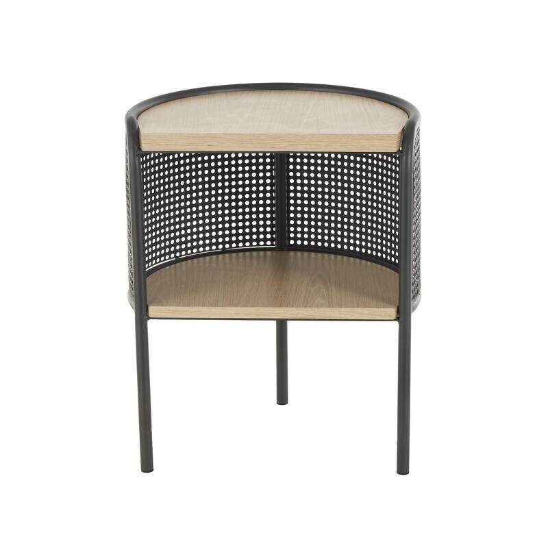 Light Brown Wooden Half-Moon Two- Toned 1 Shelf Side End Accent Table with Mesh Back Panel and Brown Wood Tabletop